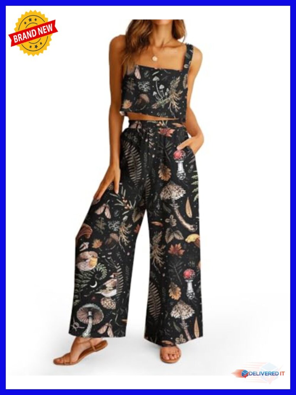 Womens 2 Piece Lounge Set 100% Cotton Crop Top Wide Leg Pants Casual Summer